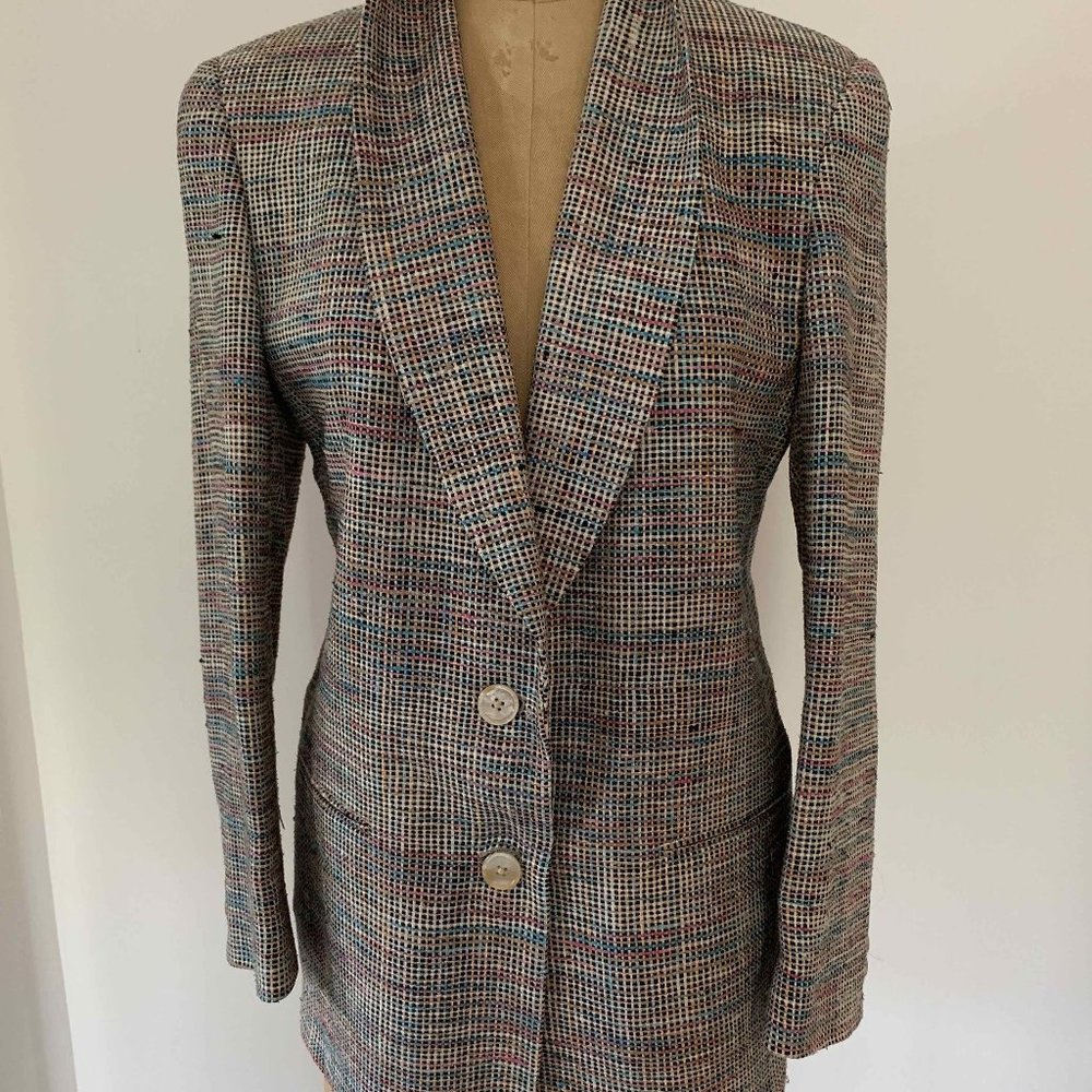 Vintage 80s raw silk blazer jacket multicolor 6 S - Picture 2 of 13